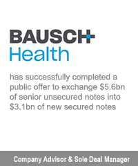 Transaction: Bausch Health has successfully completed a public offer to exchange $5.6 billion of senior unsecured notes into $3.1 billion of new secured notes. Company Advisor & Sole Deal Manager.