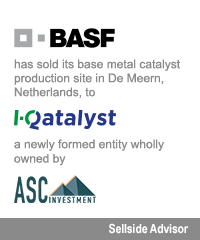 Transaction: BASF has sold its base metal catalyst production site in De Meern, Netherlands, to IQatalyst, a newly formed entity wholly owned by ASC Investment. Sellside Advisor.