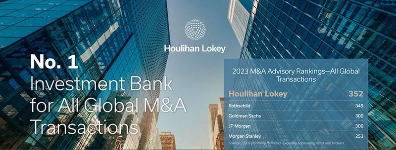 Houlihan Lokey - No.1 Investment Bank for All Global M&A Transactions - 2023 M&A Advisory Rankings