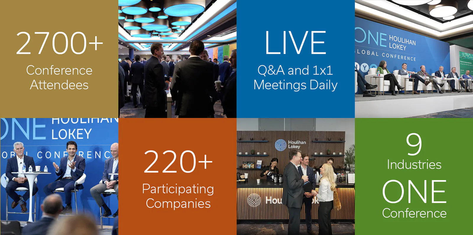 Event infographic: over 2700 conference attendees, live Q&A and 1-on-1 meetings daily, over 220 participating companies, 9 industries represented.
