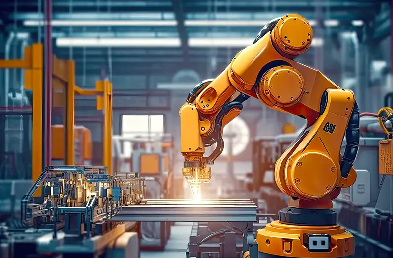 Industrial robot works automatically in smart autonomous factory