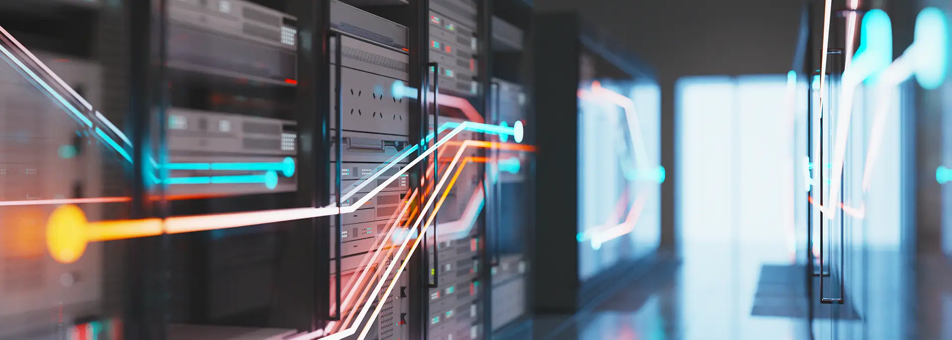 A server room with a digital current overlayed and running to one of the consoles