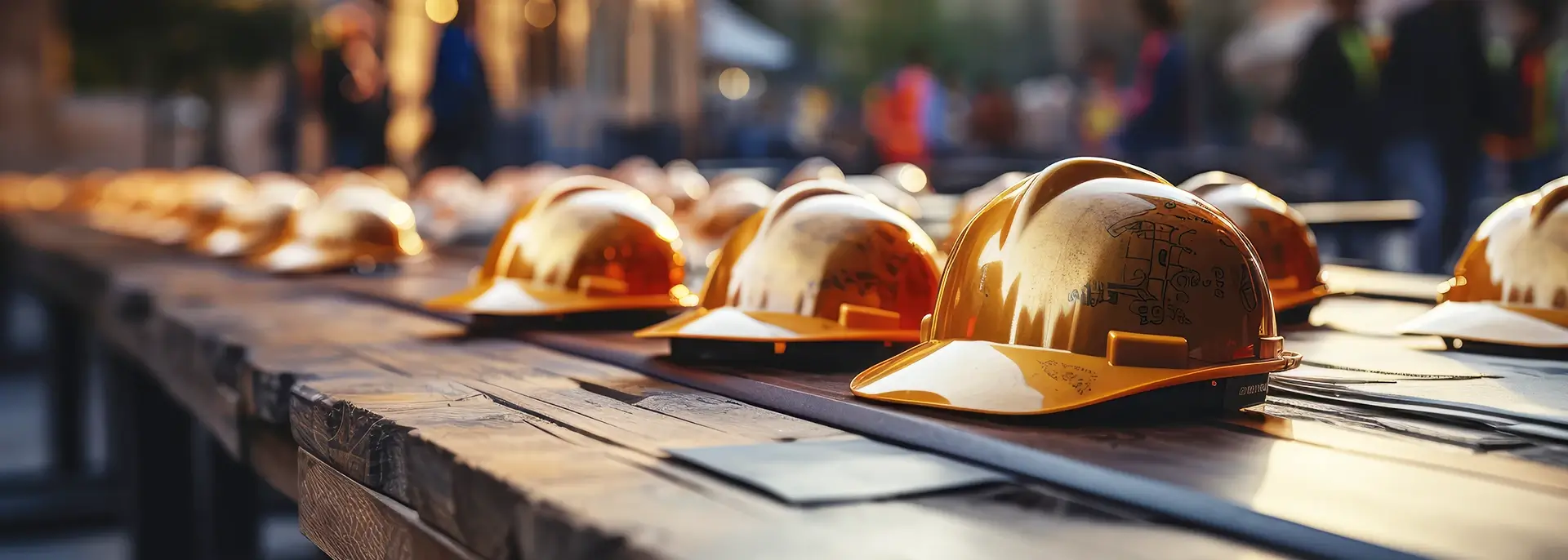 Construction hard hats in a row