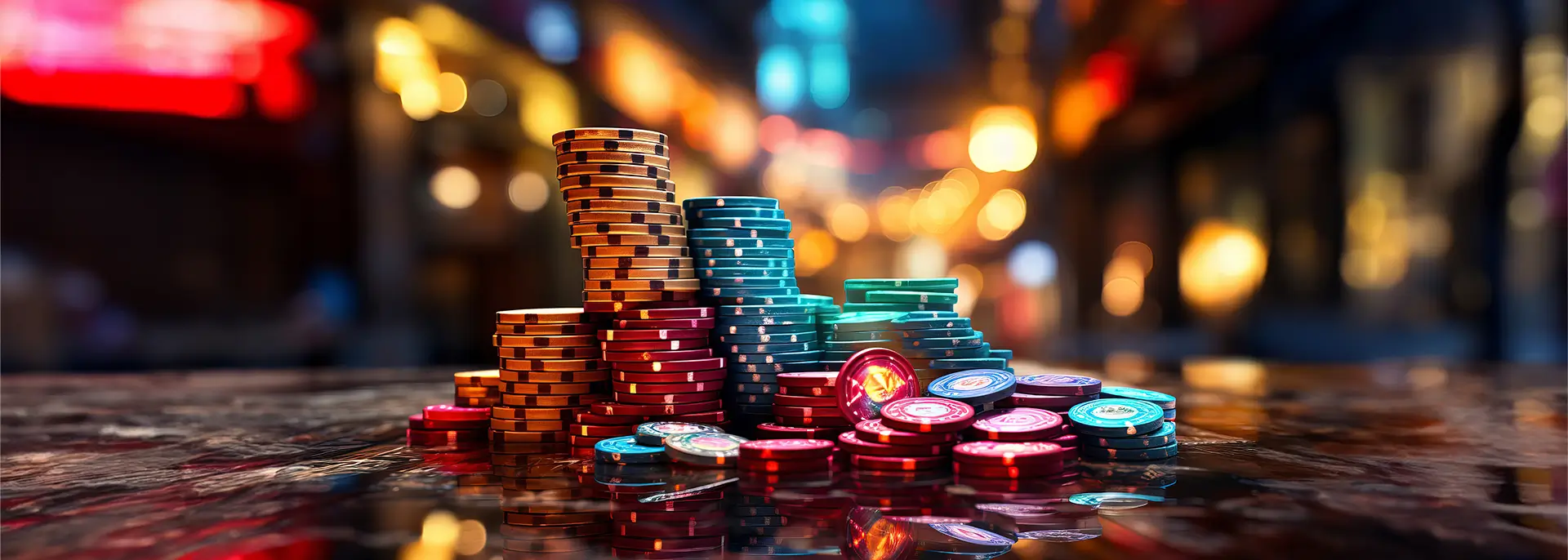 Close up and shallow-depth focus of colorful poker chips stacked high with glowing light bokeh floating around them