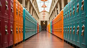 Row of colorful lockers in a high school hallway