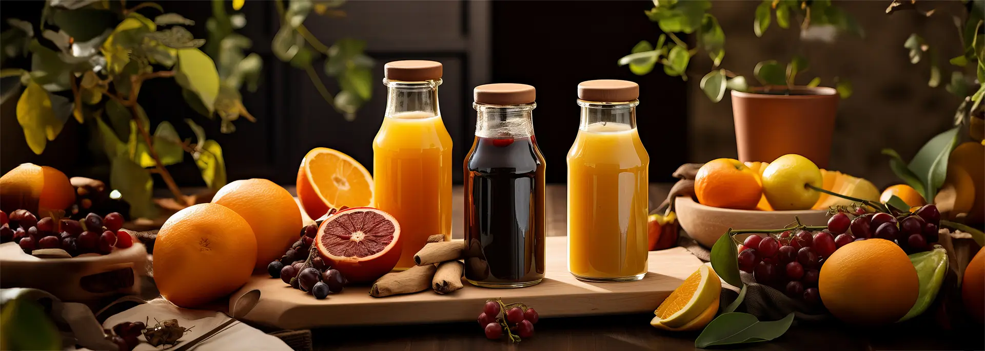 Natural juices in bottles served with fruits on a wooden cutting board on a brown table