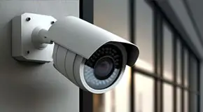 Close up of a security camera monitoring the surrounding property