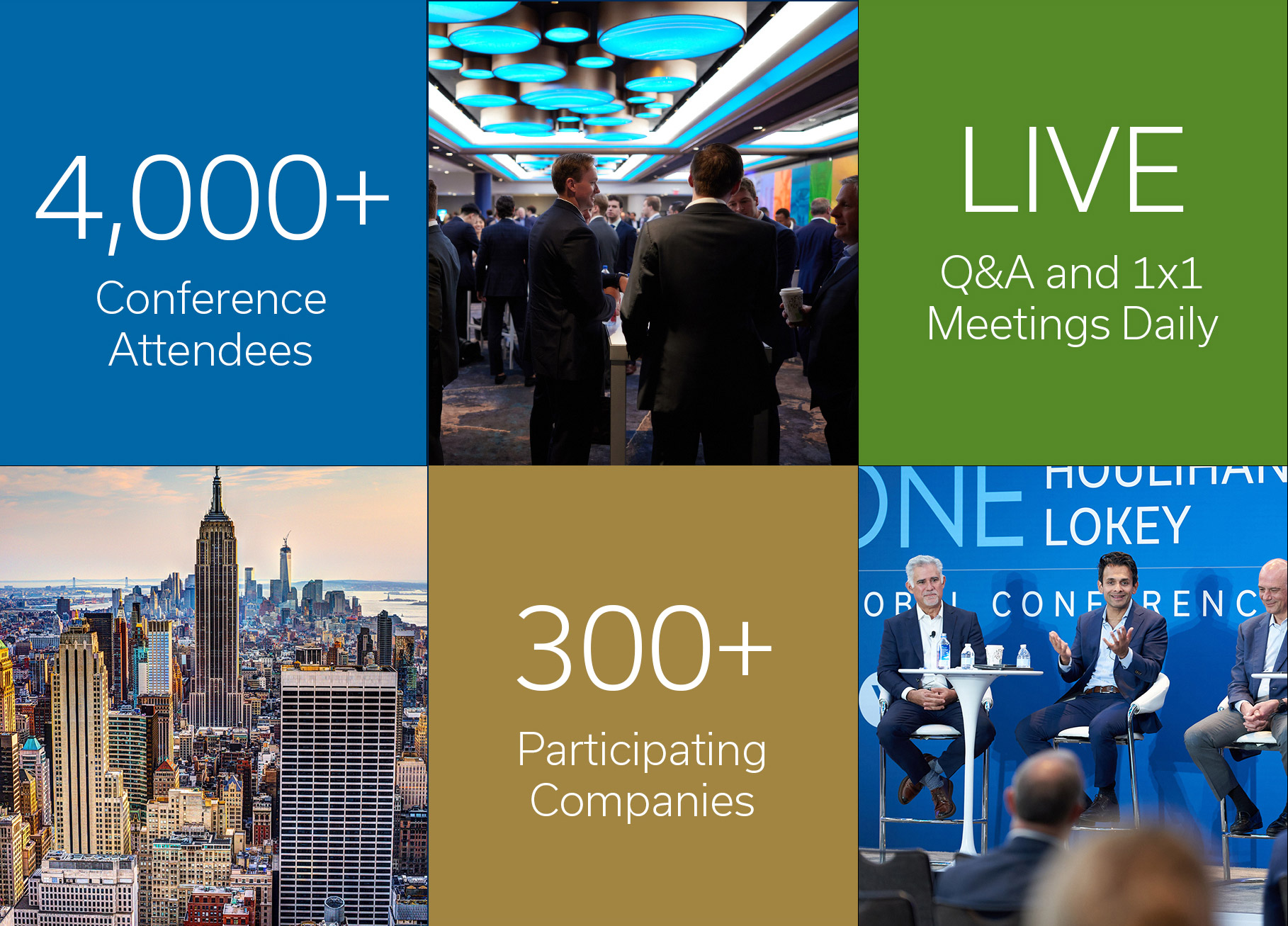 Event infographic: 4000+ conference attendees, Live Q&A and 1 on 1 meetings daily, 300+ participating companies.