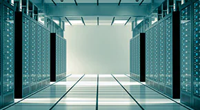 Data center hallway leading to a blank wall