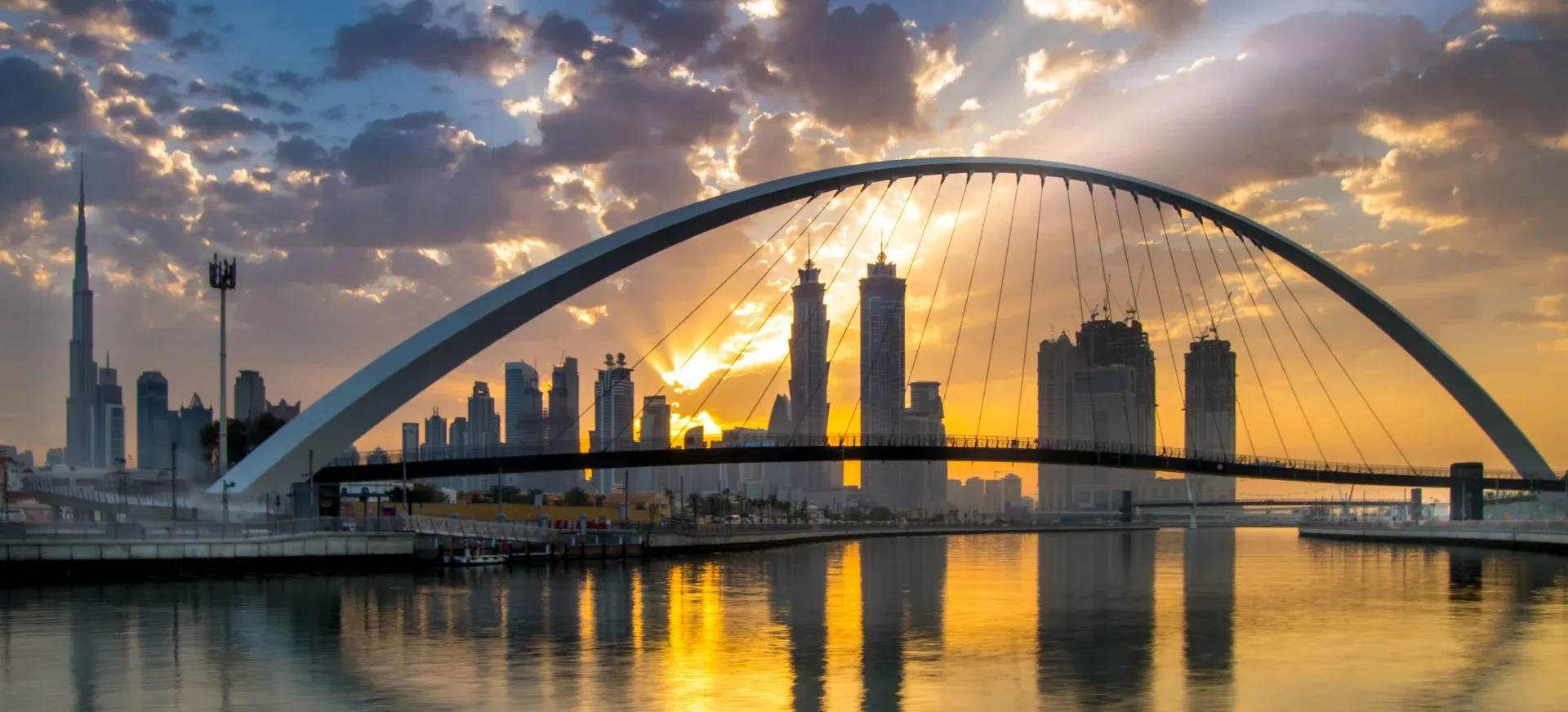 Sunrise over Dubai Downtown as viewed from the Dubai water canal