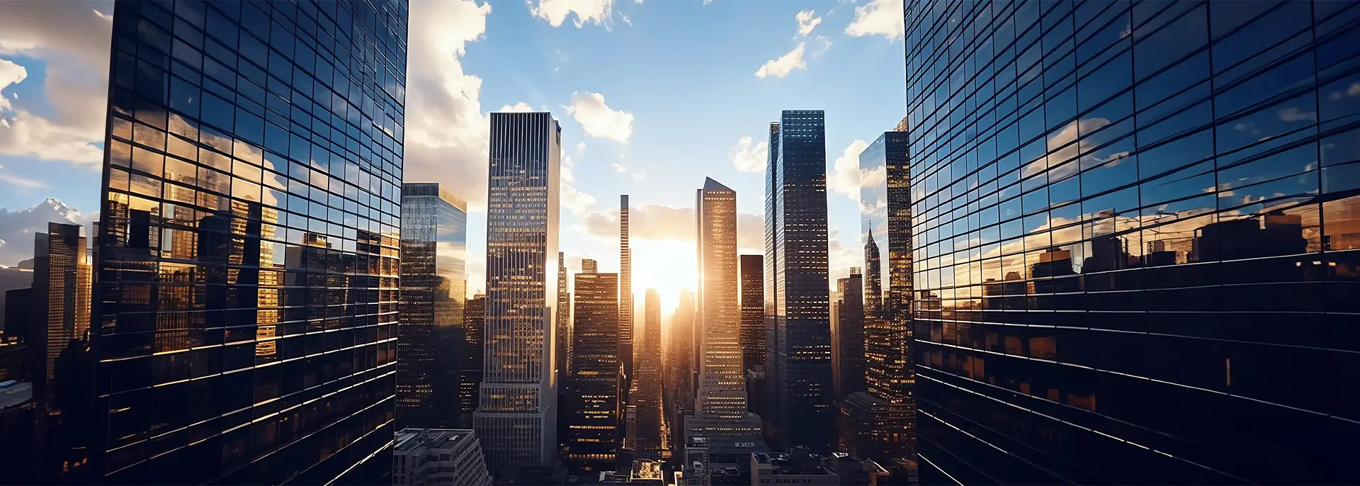 Towering skyscrapers with the setting sun in the background