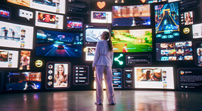 Backview of a caucasian woman connecting to an animated stream of content