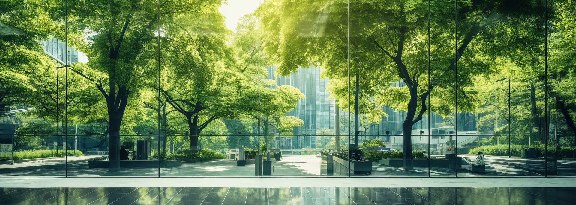 High glass wall looking out to a big urban courtyard with green trees and buildings