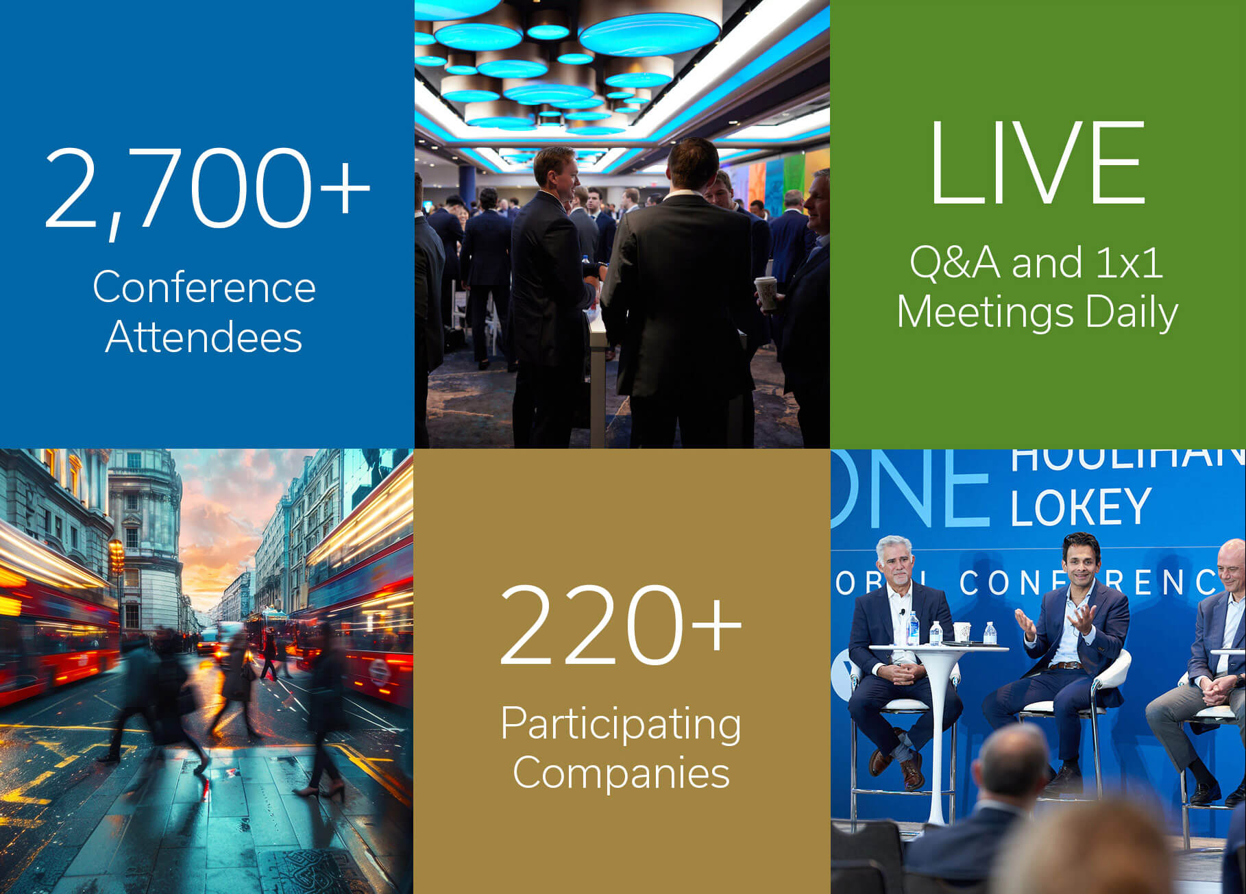 Event infographic: 2,700+ conference attendees, Live Q&A and 1 on 1 meetings daily, 220+ participating companies.