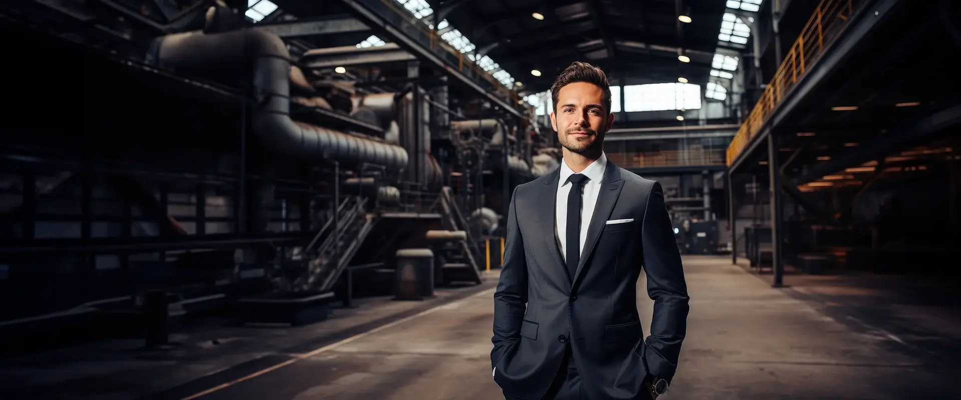 Businessman in a suit and a tie posing in a steel plant