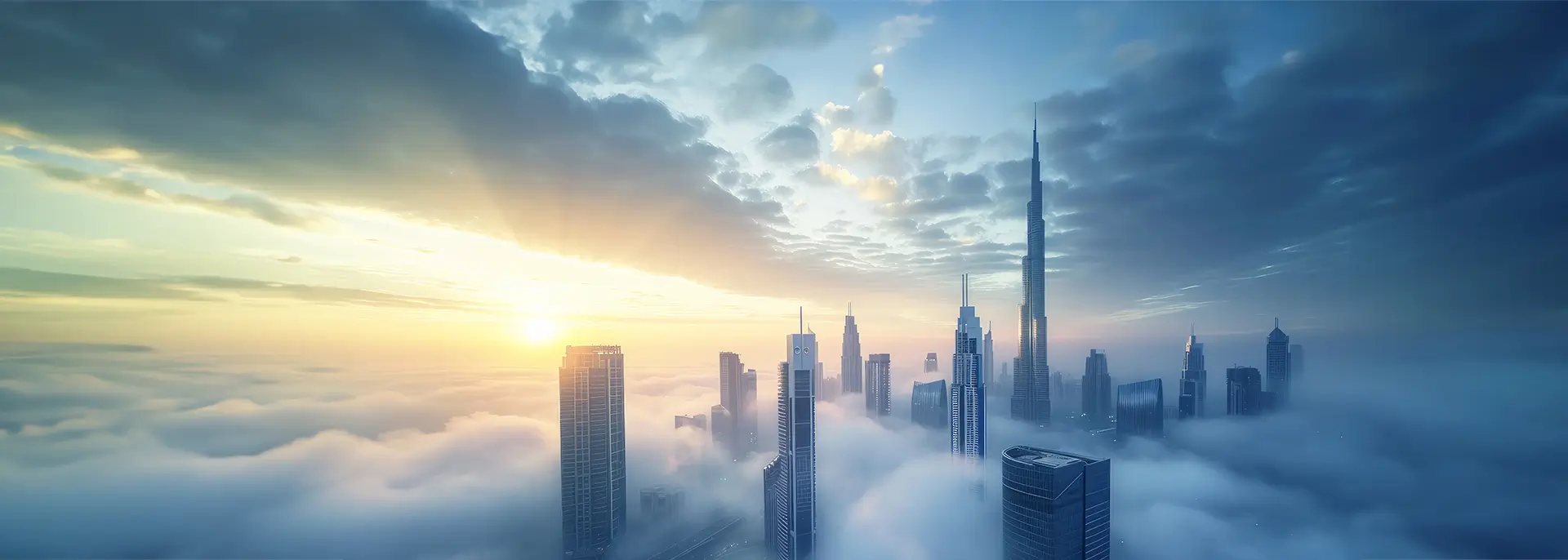 Downtown Dubai with skyscrapers submerged in think fog